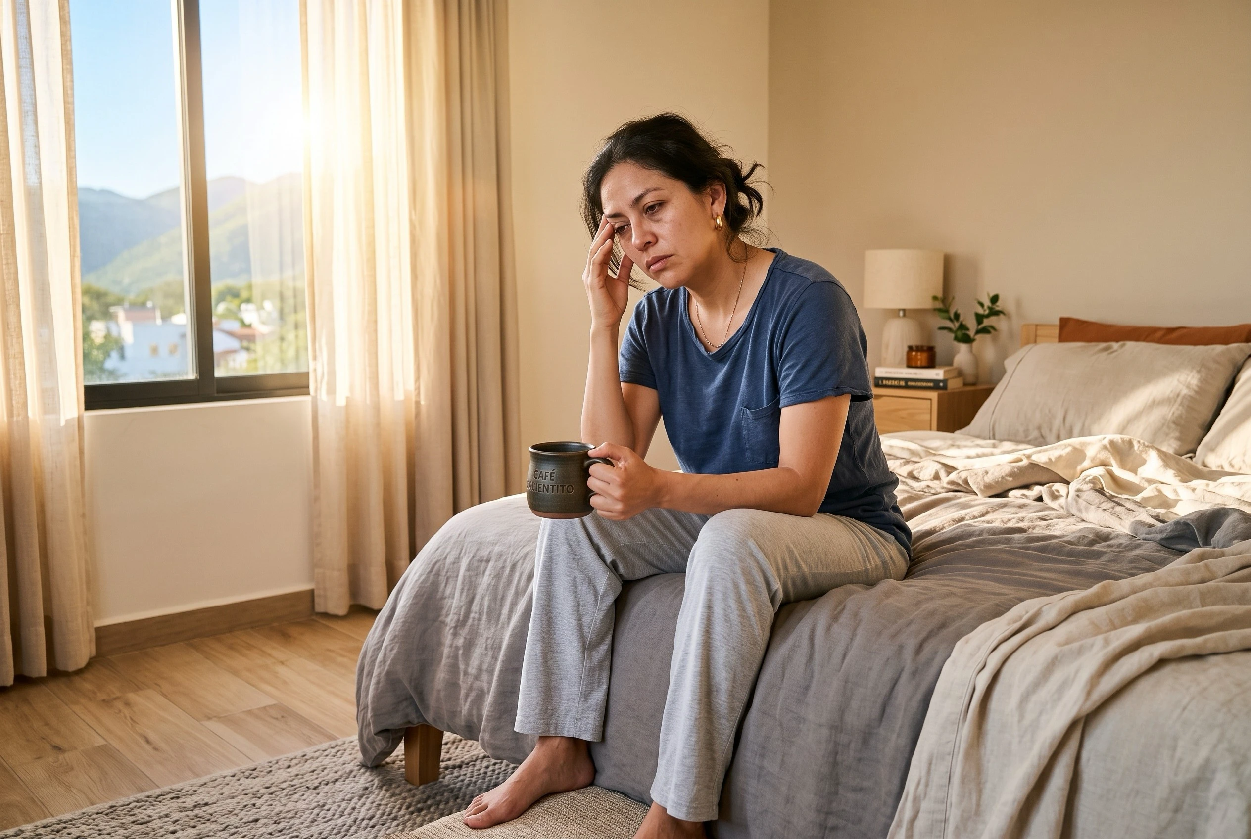 Mujer cansada al despertar pese a dormir bien