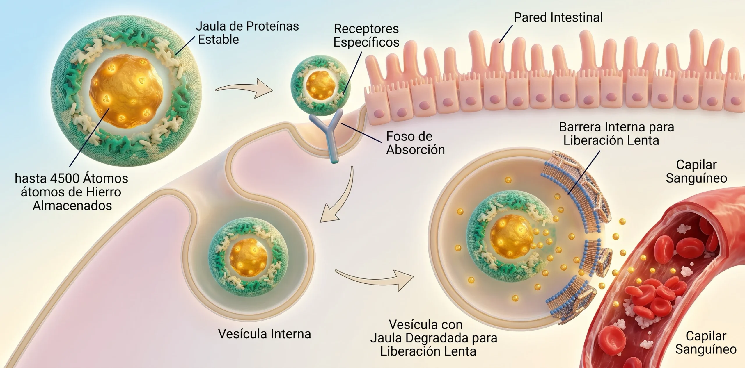 Render de la jaula de ferritina liberando hierro por el receptor celular